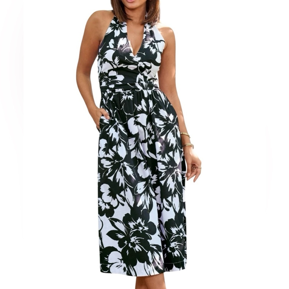 Speechless Y2K Halter Deep V-Neck Floral Beaded Dress Black & White L